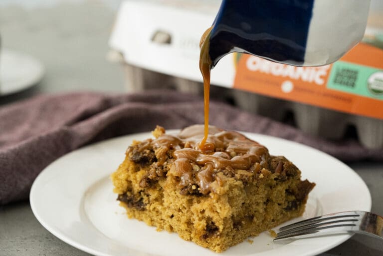 coffee cake slice with drizzle caramel organic utopihen farms