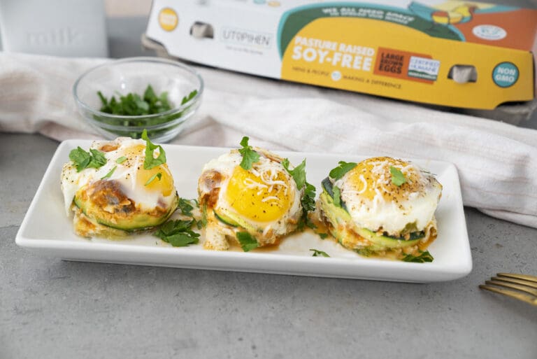 hero shot plated zucchini nests utopihen farms eggs